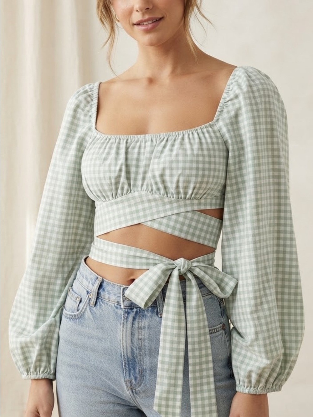 Altar'd State Sage Green Gingham Wrap Tie Crop Top